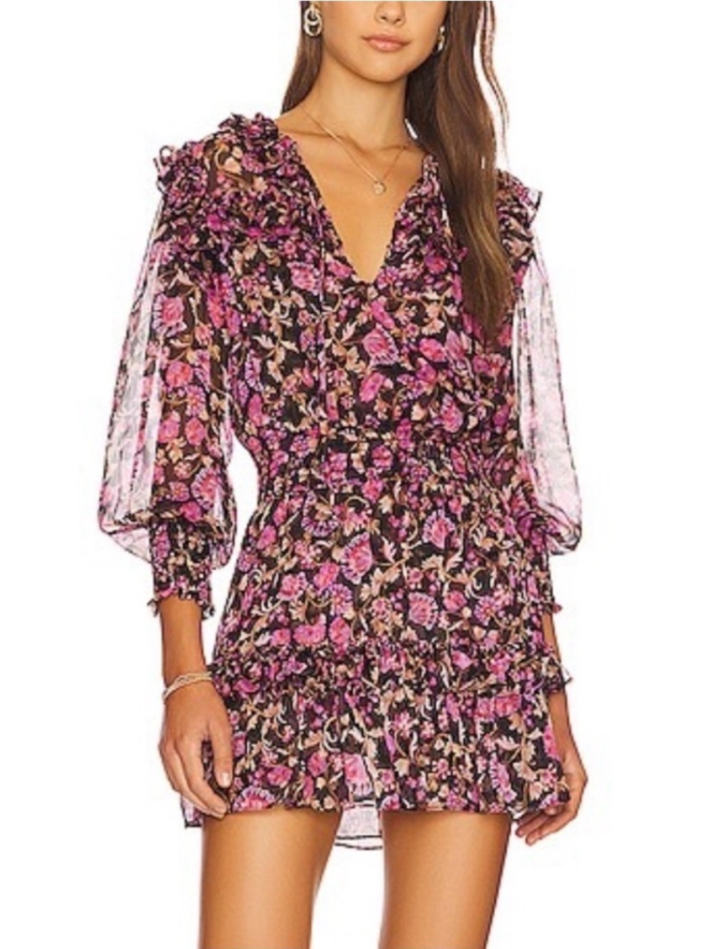 Misa Karla Mini Dress in Rosetta Fleur Black Pink Floral Sheer Ruffle Small